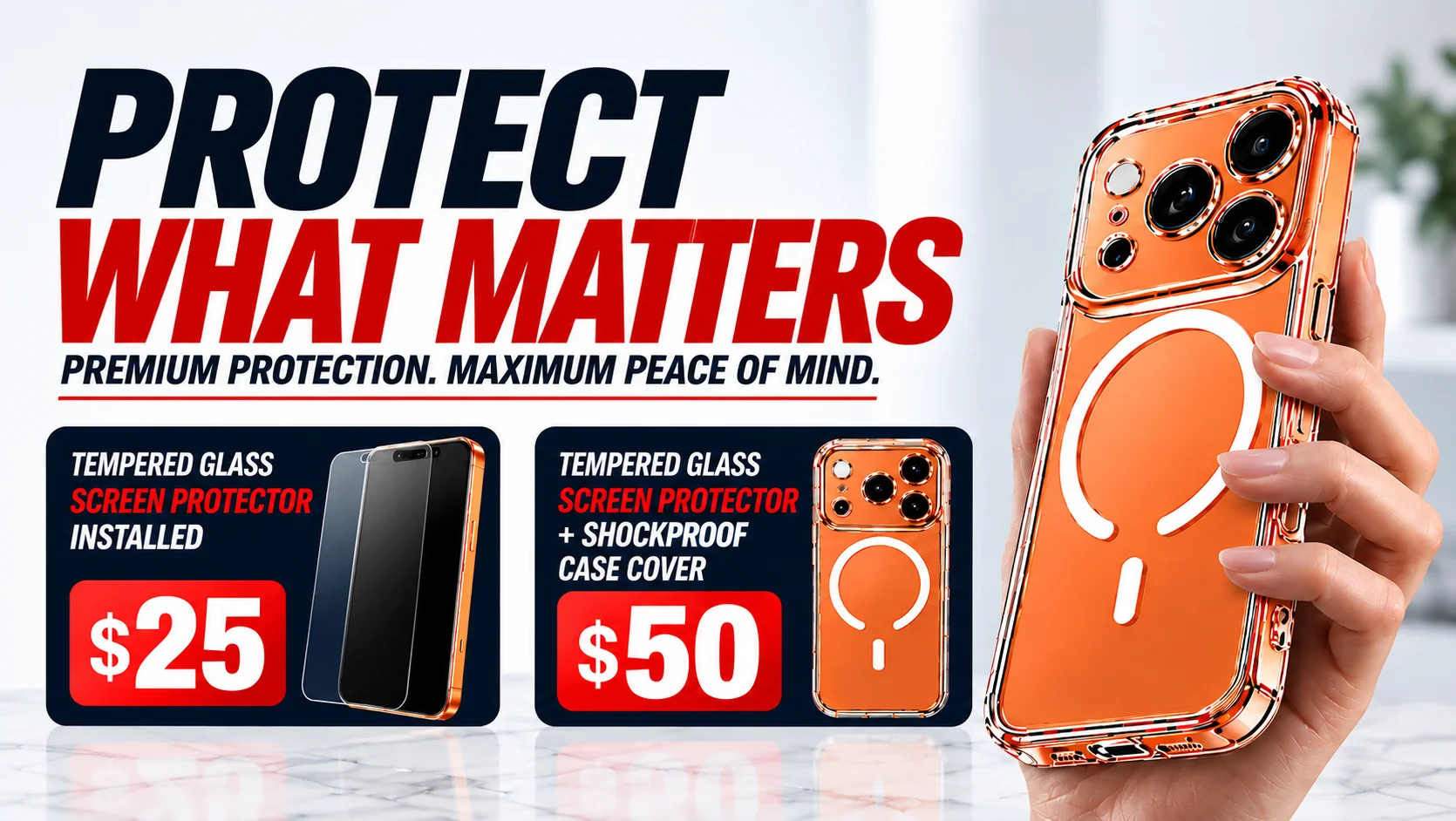 Tempered glass screen protector installed for $25, or with a shockproof case cover for $50